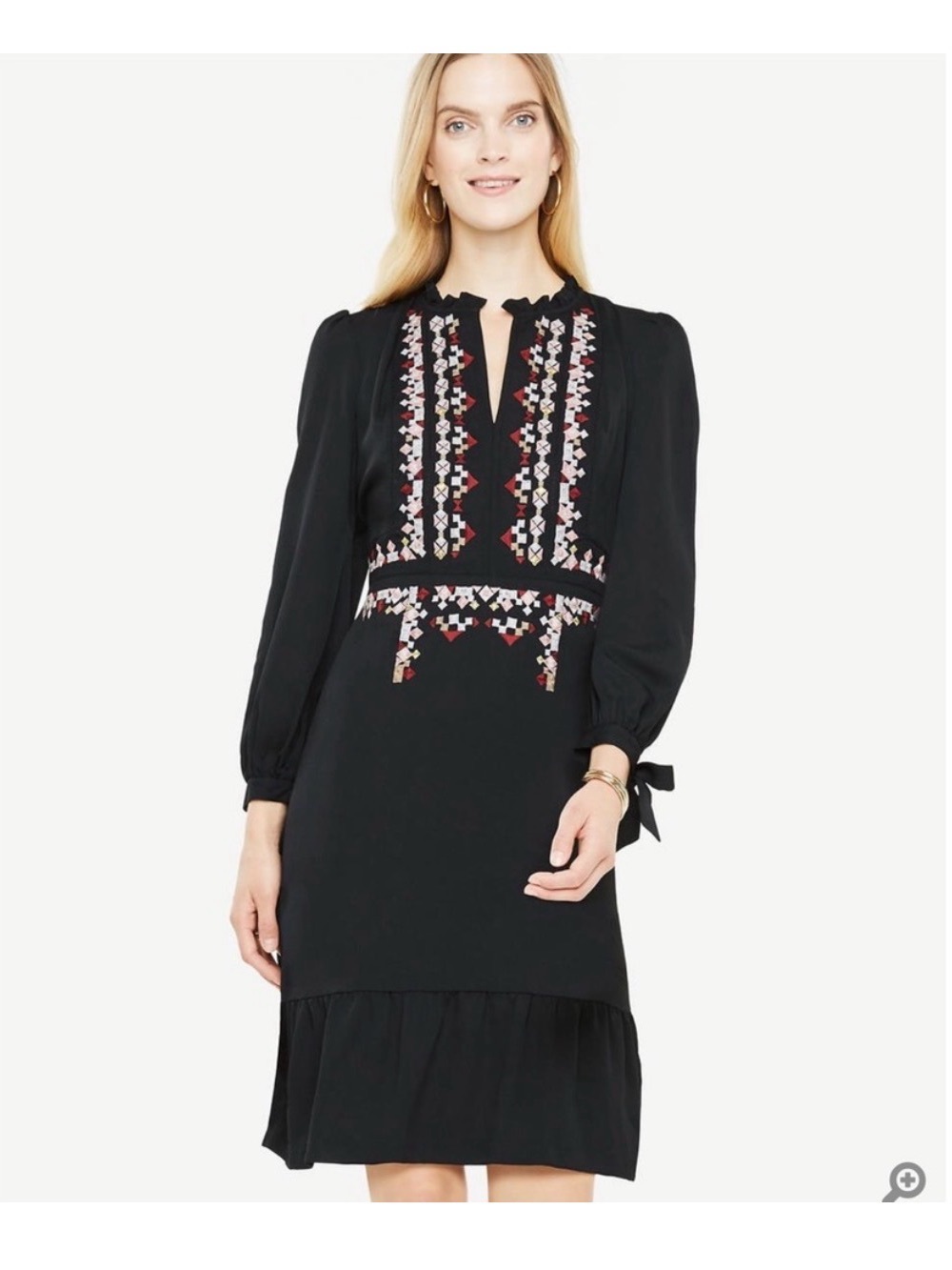 Ann Taylor Black Long-Sleeve Embroidered Shift Dress